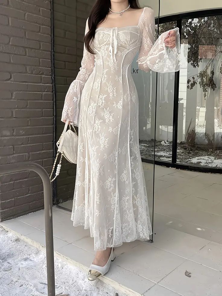 Women's A-Line Lace Long Simple Dress, Sexy Elegant Vintage Evening Dress - FashionDia
