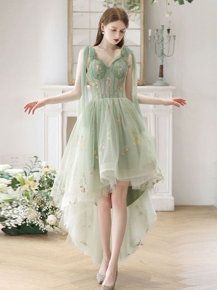 A-Line High-Low Lace Short Prom Dress, Lace Homecoming Dress - FashionDia