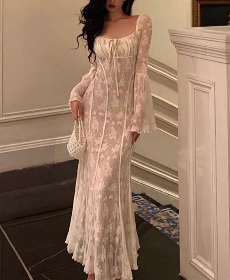 Women's A-Line Lace Long Simple Dress, Sexy Elegant Vintage Evening Dress - View 4 | FashionDia