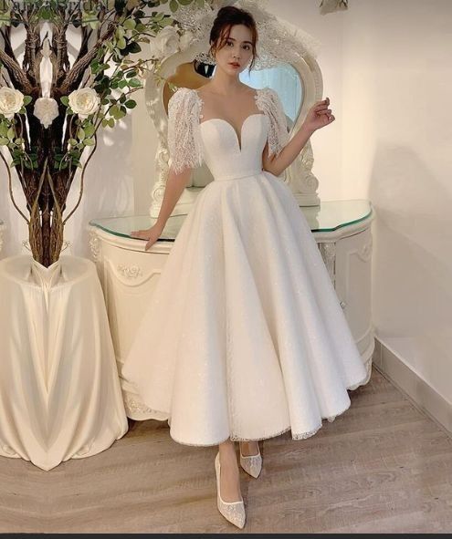 A-Line Tea-Length Lace Wedding Dresses With Short Sleeves - FashionDia