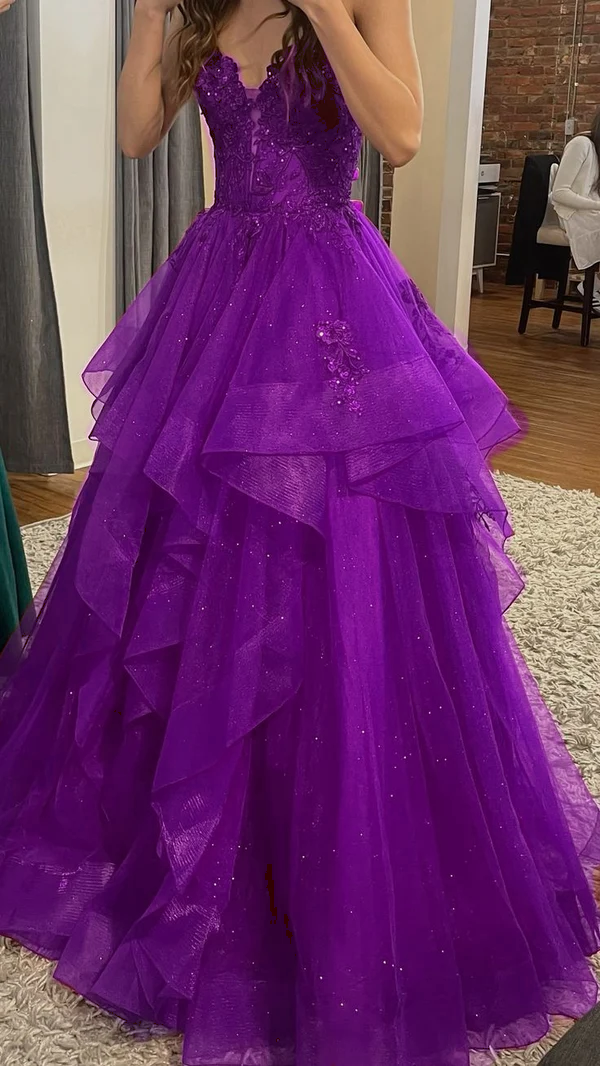 Burgundy Shinny Tulle A-Line Long Prom Dress Evening Party Dresses