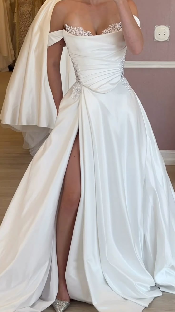 Off-the-Shoulder Long Satin Wedding Dress - View 2 | FashionDia