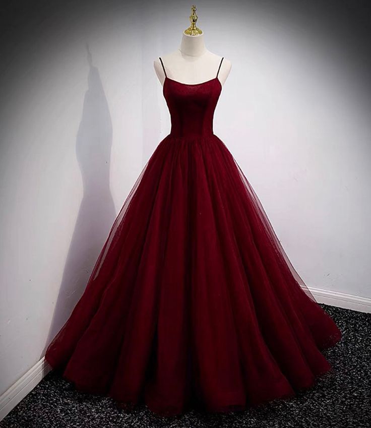 Burgundy tulle long prom dress A-Line evening gown - FashionDia