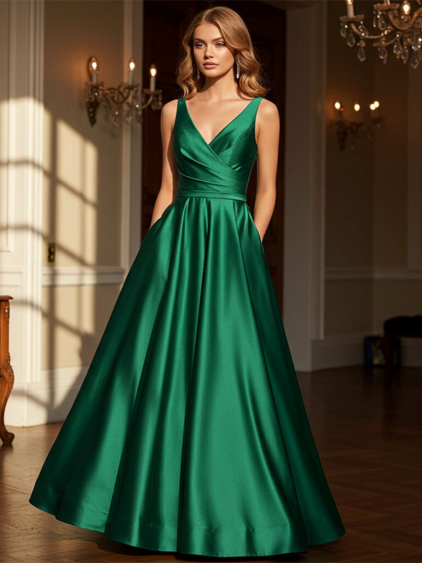 Dark Green Sheath/Column V-Neck Floor-Length Satin Prom Dress - FashionDia