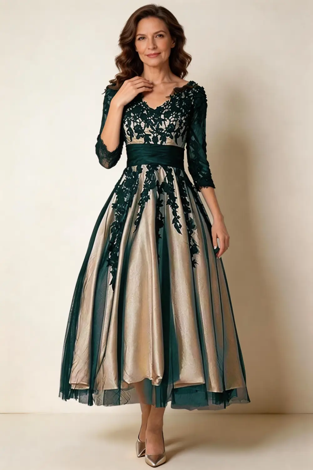 Dark Green Lace Applique Champagne Satin Mother Of The Bride Dress (ZD17159)