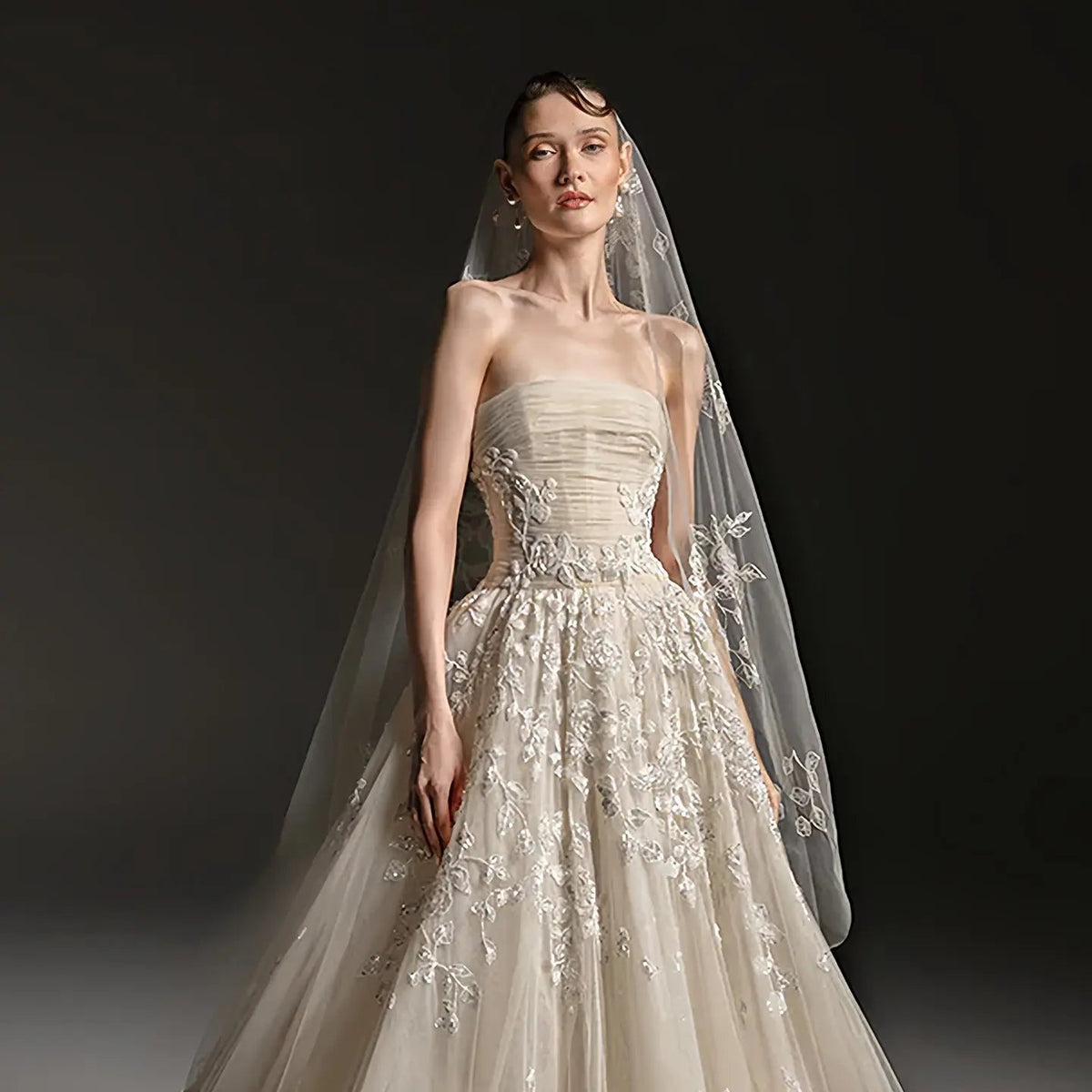 Romantic Champagne Strapless Floral Lace Tulle A-Line Wedding Dress with Veil ZP084