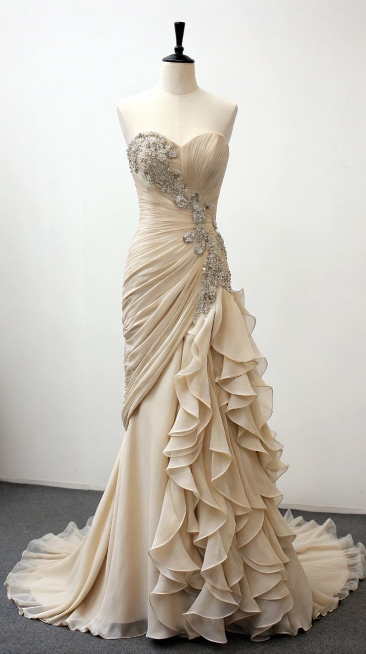 Vintage Mermaid Strapless Champagne Chiffon Prom Dresses Wedding Dress    fg7836