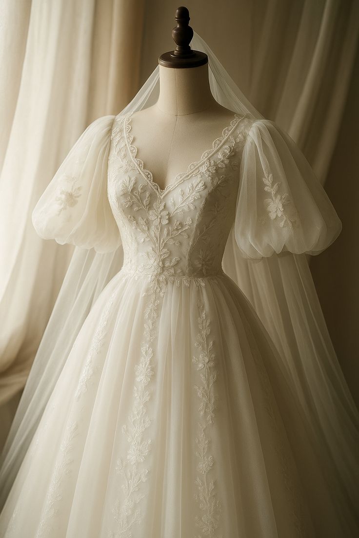 A-Line Tulle Lace Puffy Sleeves Wedding Dress - FashionDia