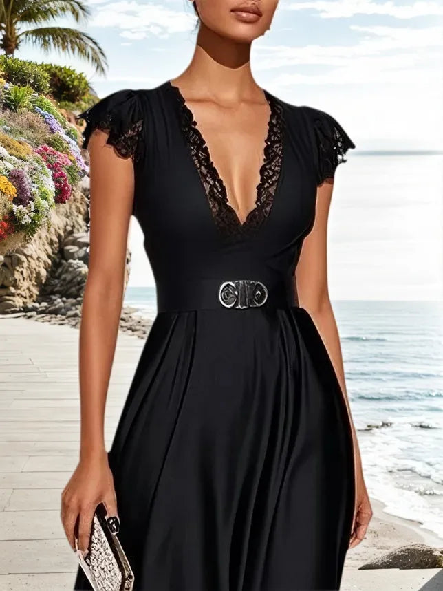 Black Lace Satin V Neck Short Sleeve A-Line Midi Dress