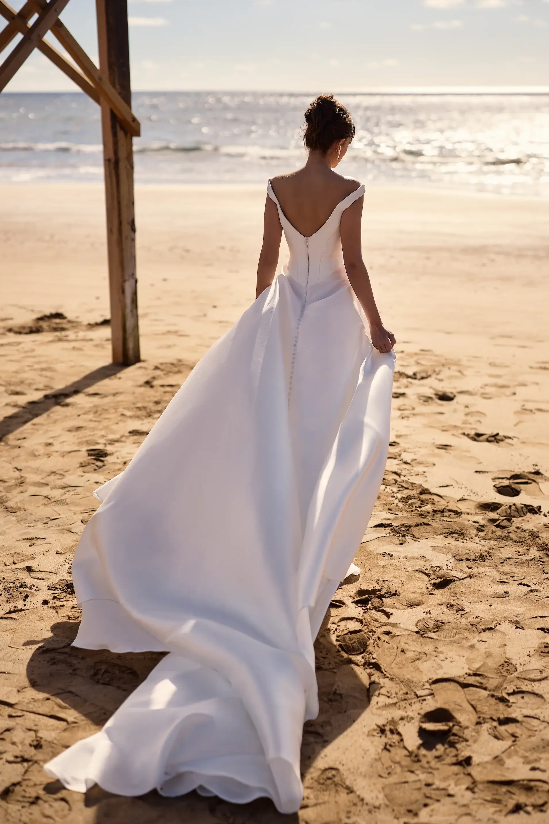 Odelle Off‑Shoulder Satin Wedding Gown — Draped Bodice, High Slit & Sweep Train (ZD15424)
