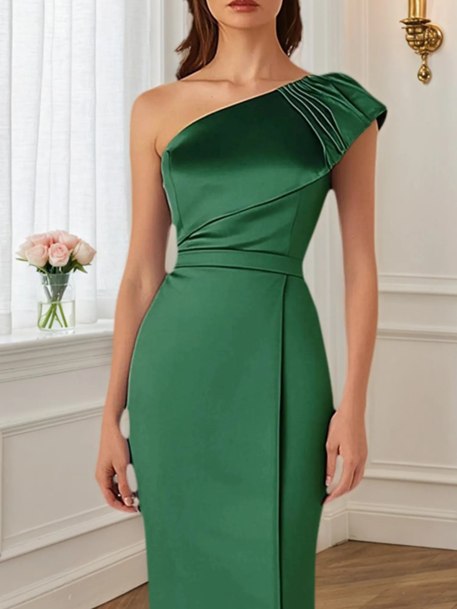 Cocktail Party Dress Green One-Shoulder Fitted Midi Dress