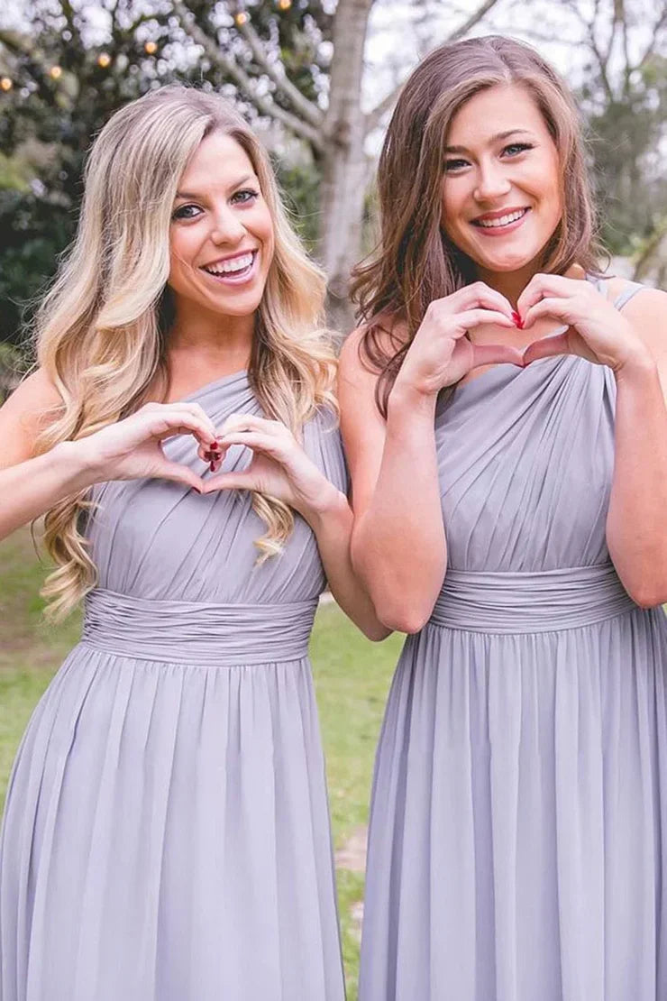 Dusty Blue One Shoulder Chiffon Long Boho Pleated Bridesmaid Dress