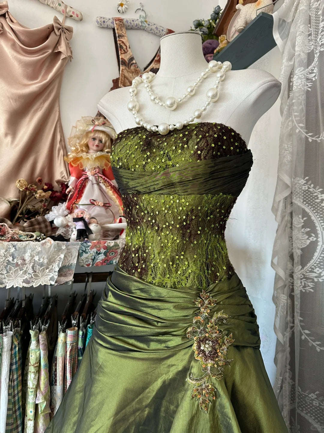 A Line Green Strapless Vintage Prom Dress Long Evening Dress