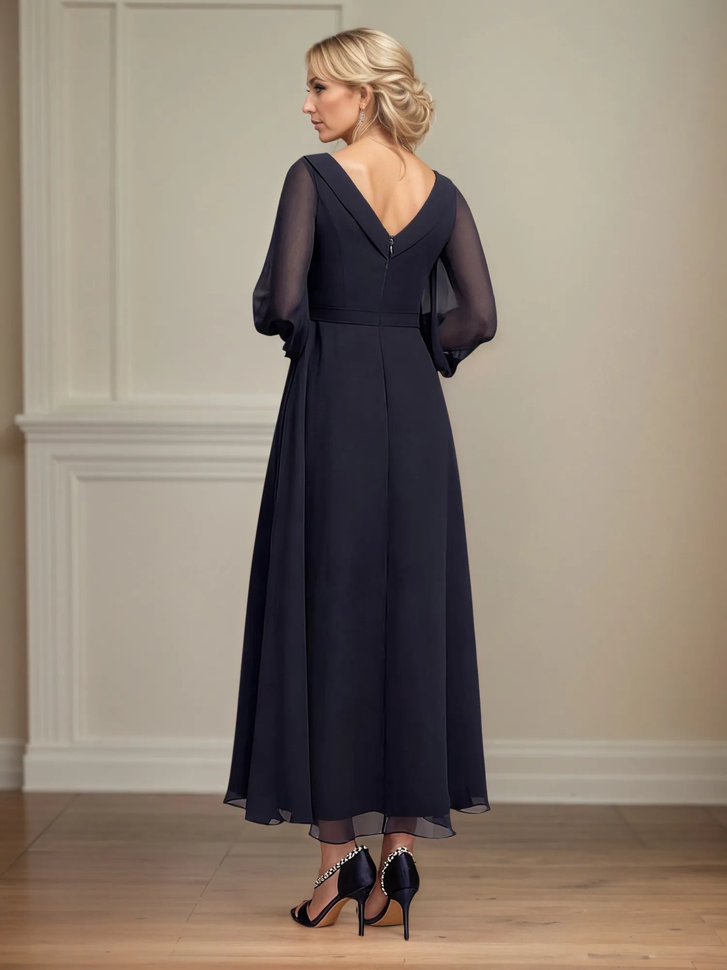 A-line V-Neck Collared Ankle-Length Chiffon Mother of the Bride Dress With Pleated