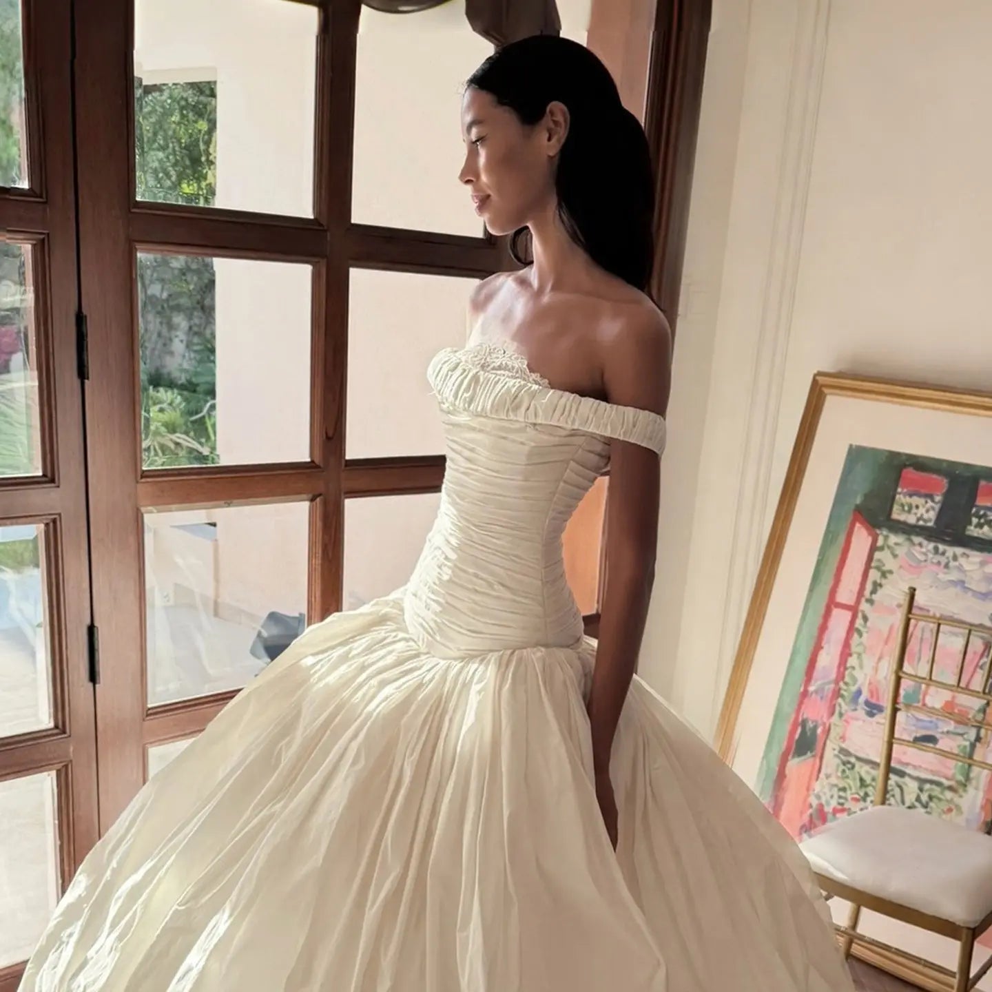 Elegant Ivory Strapless Ruched Satin Ball Gown Wedding Dress ZP070
