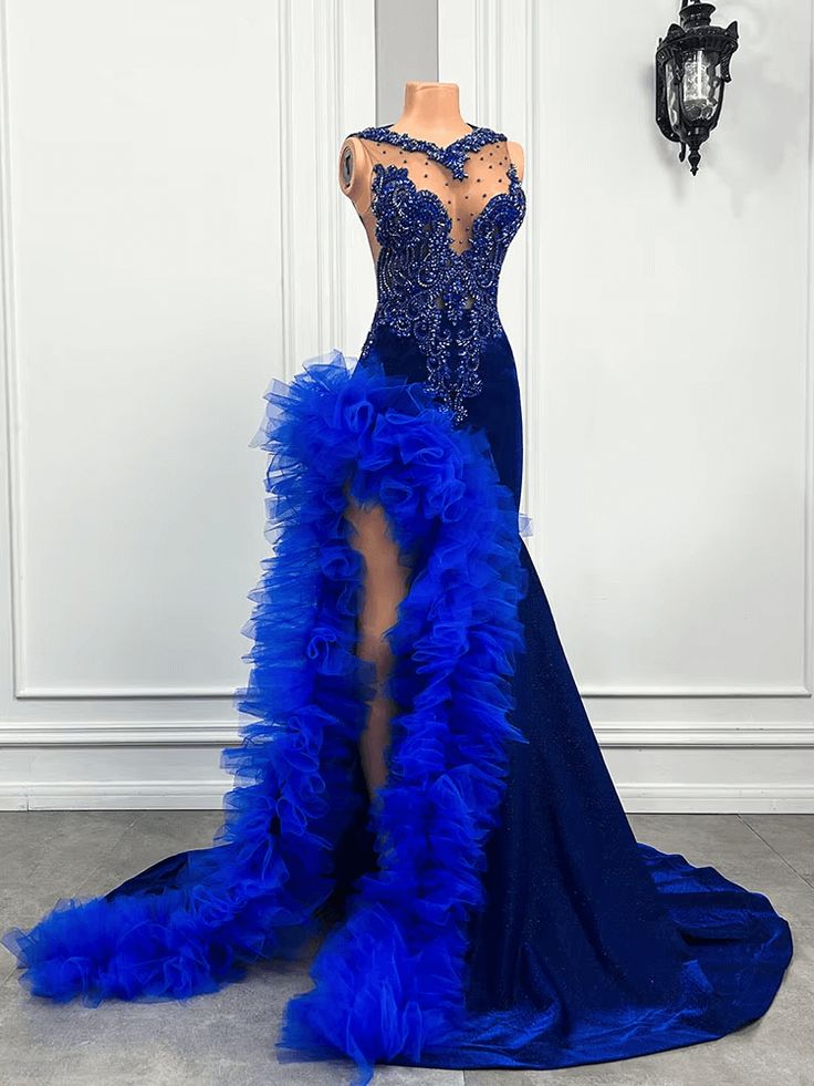 Royal Blue Mermaid Prom Dress Ruffled Evening Dresses with Slit - View 2 | VelvetHem