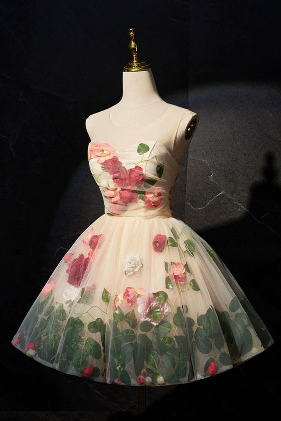 Cute Scoop Neck Short Prom Dress with Flowers, A-Line Party Dress - FashionDia