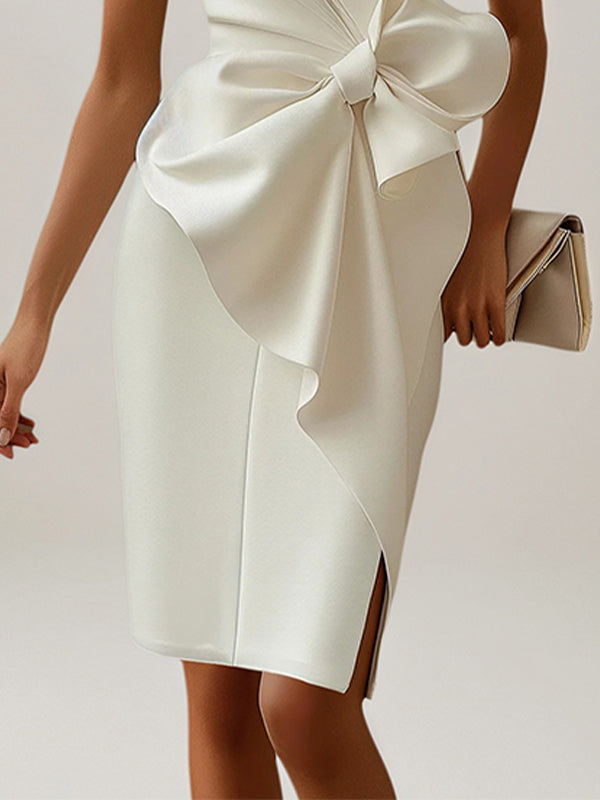 White Stretch Crepe Round Neck Sleeveless Knee Length Dress With Bow