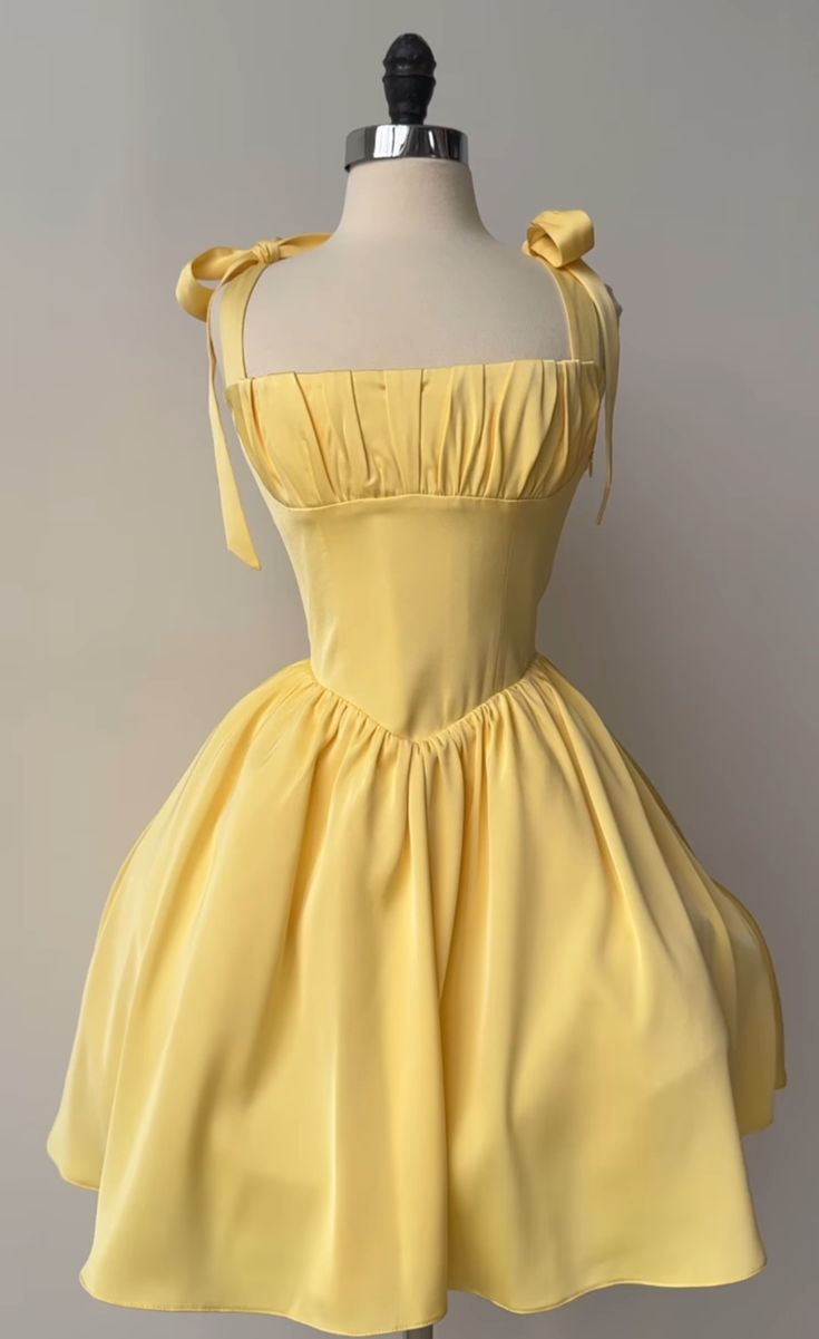A-Line Homecoming Dresses Yellow Bow Strap Prom Cocktail Party Gown - FashionDia