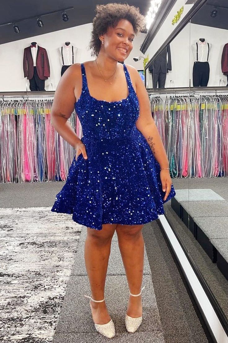 A-Line Square Neck Sequin Short Party Dress Homecoming Dress - FashionDia