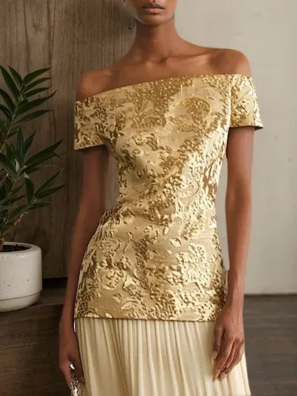 Golden Jacquard Split Joint Classic Off The Shoulder Short Sleeve A-Line Maxi Dress