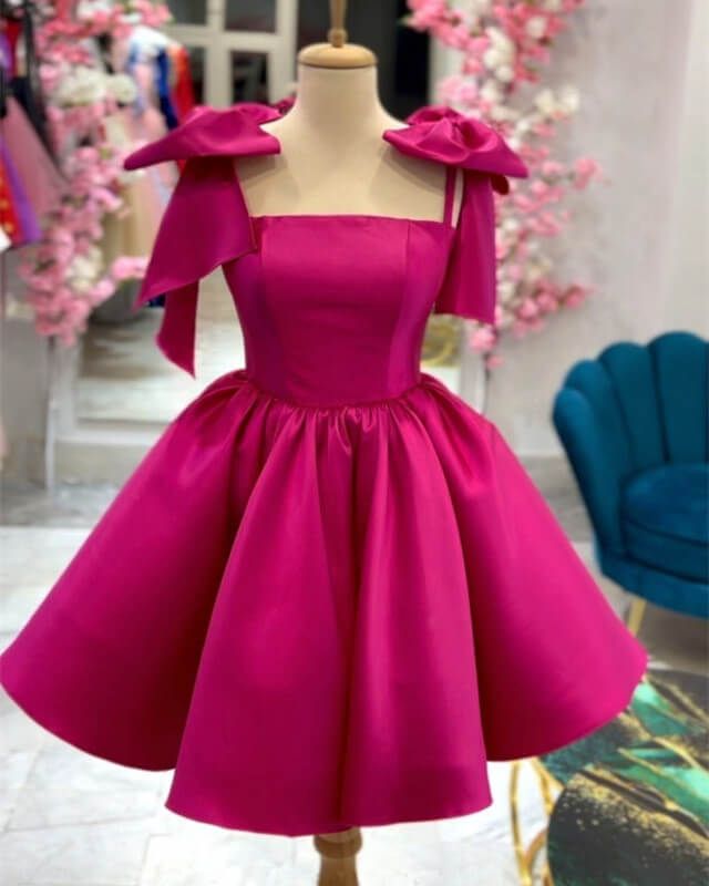 Short Satin Bow Straps Mini Dress Short Prom Party Dress