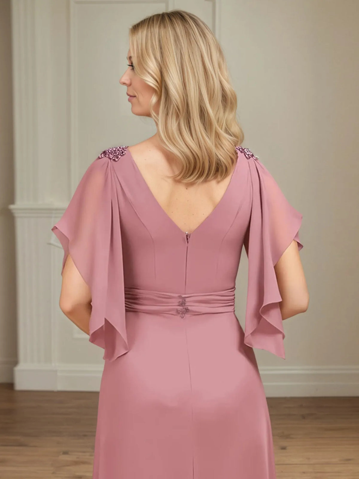 A-Line V-Neck Appliqued Floor-Length Mother of the Bride Dress with Ruffles - View 8 | FashionDia