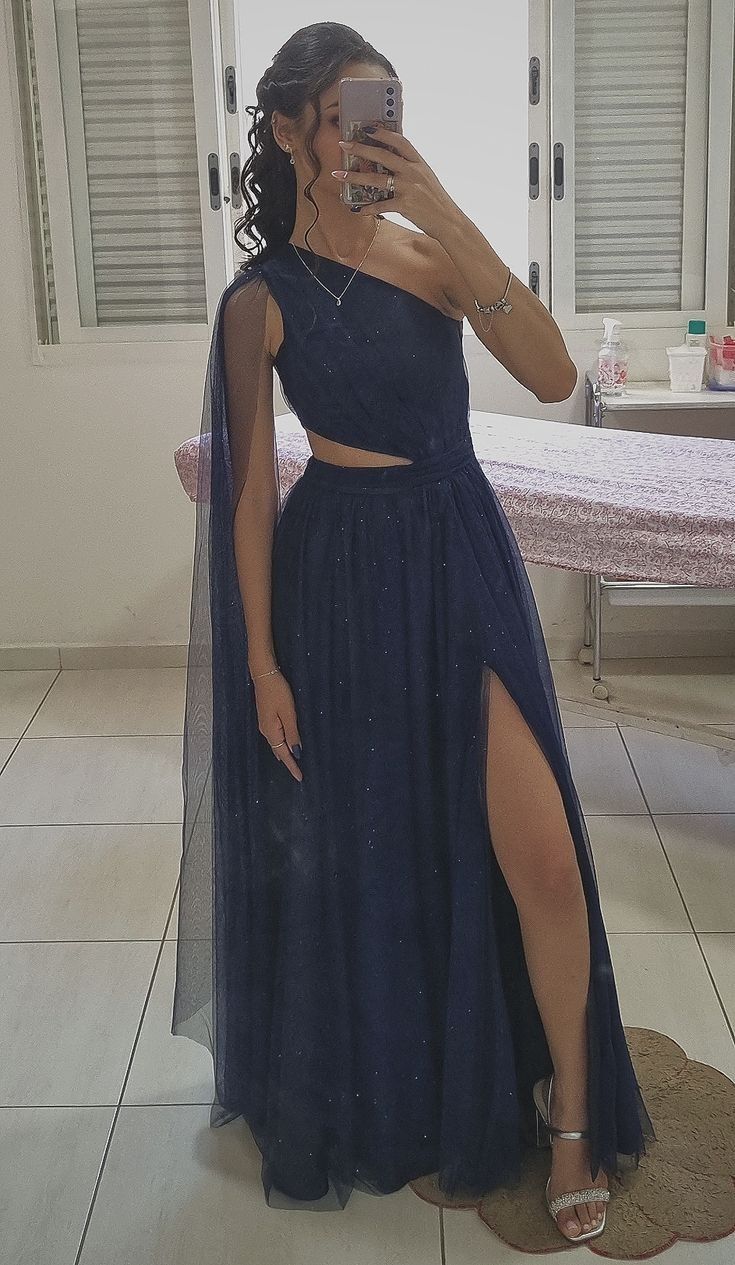 A Line Sparkly Navy Tulle Long Party Dress Prom Dress New Arrive Evening Dress