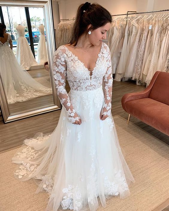A-Line Long Sleeve Lace Wedding Dress - FashionDia