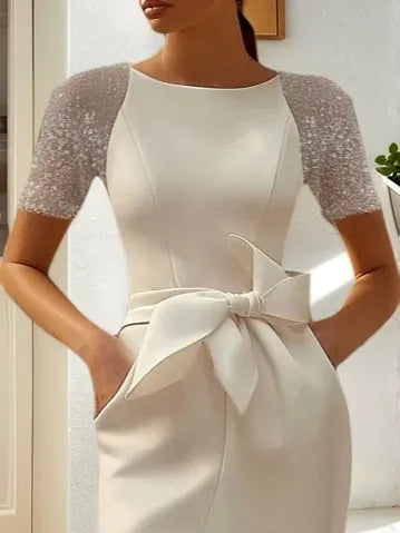 White Bow Short Sleeve Sheath Midi Dress