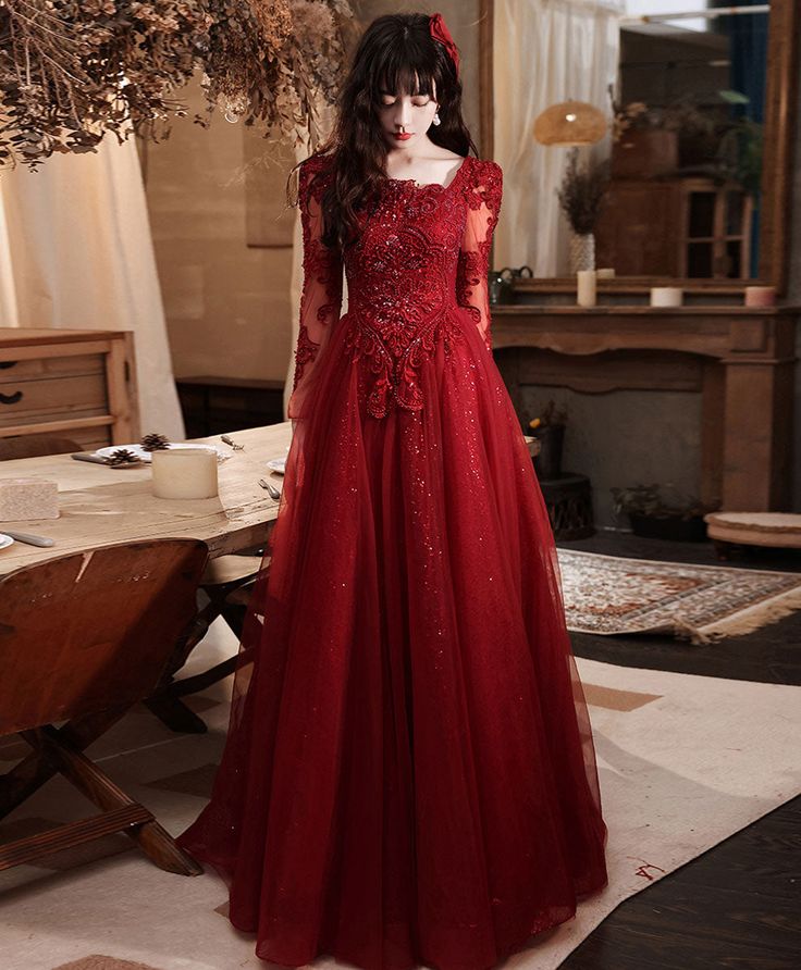 Burgundy Aline Lace Long Prom Dress, Burgundy Tulle Formal Graduation Dress - View 3 | FashionDia