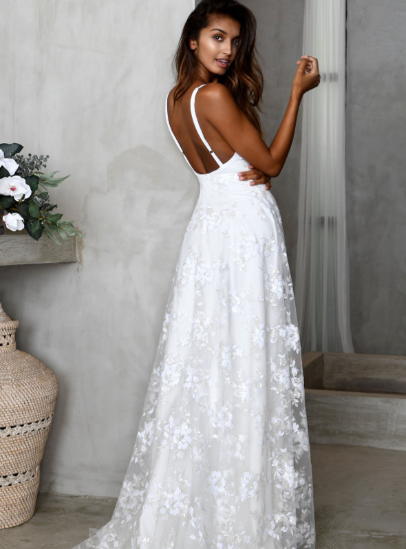 V-neck Lace Open Long Dress - Fashionpara