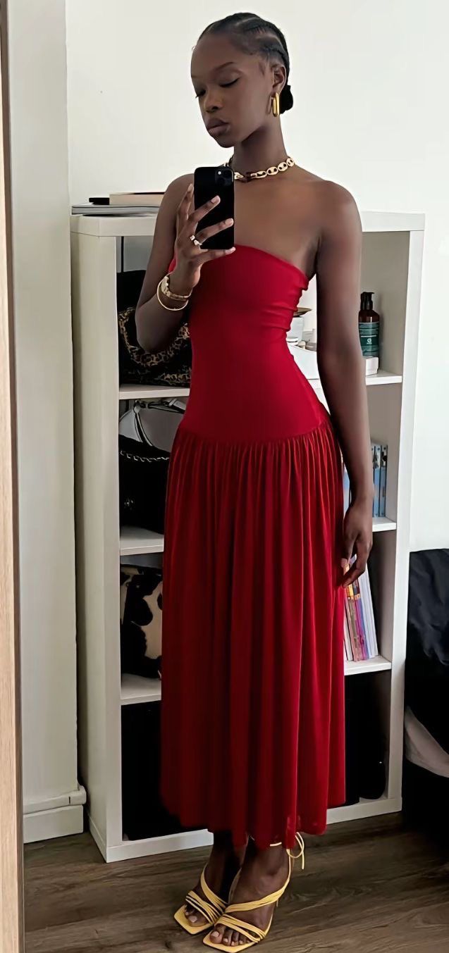 Red Strapless A-Line Long Party Dress Wedding Guest Dress - FashionDia
