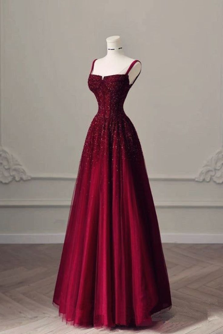 Burgundy Prom Dresses A-Line Straps Tulle Evening Dresses - FashionDia