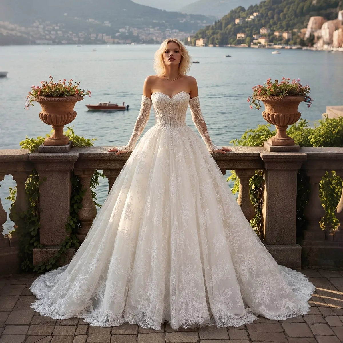 White Floral Lace Ball Gown Wedding Dress with Sweetheart Neckline and Detachable Long Sleeves ZP015
