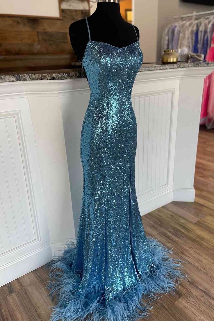Long Sequined Straps Prom Dress with Feather Hem