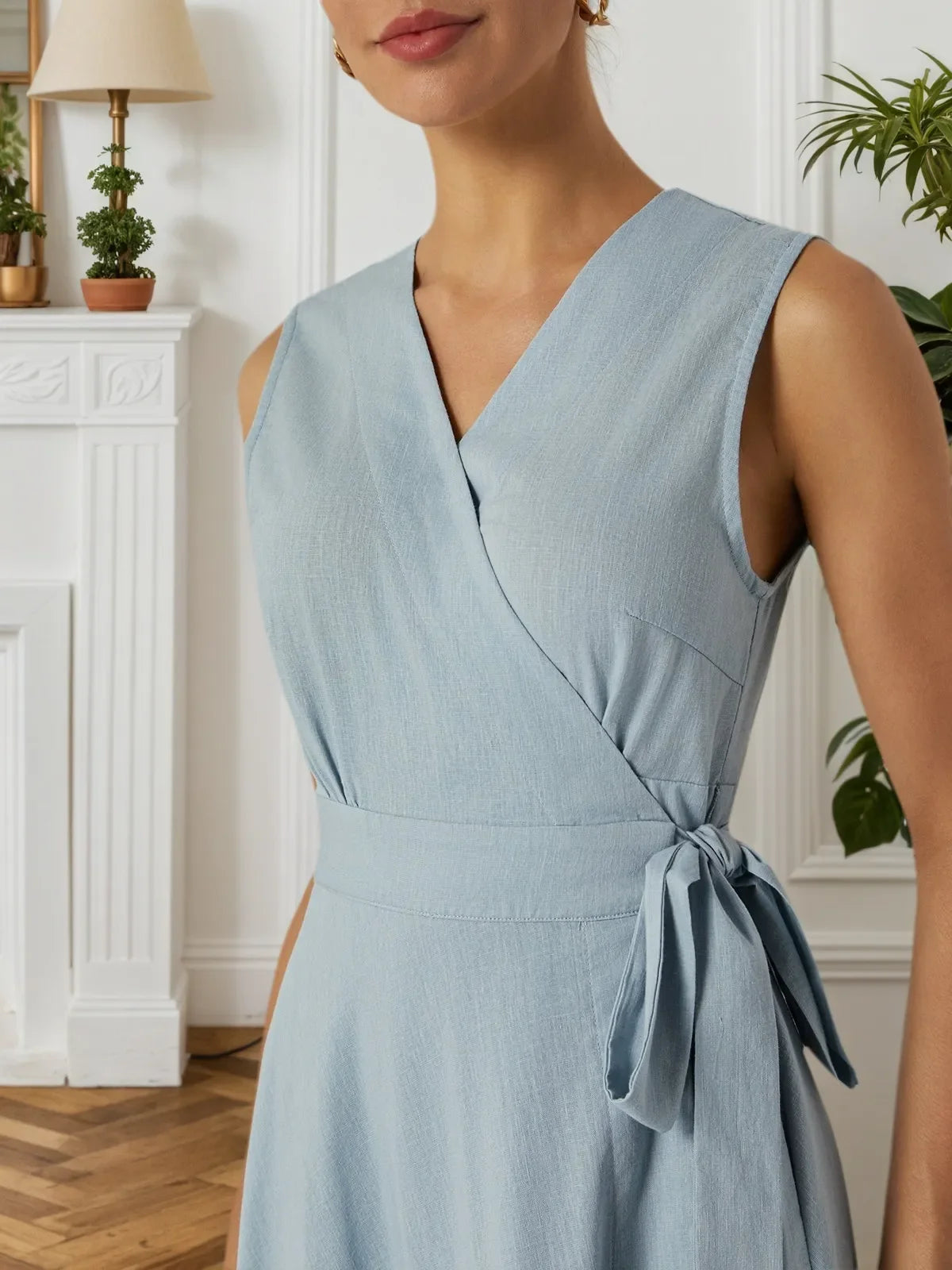 Light Blue Bow Lyocell Linen Wrap V Neck Sleeveless A-Line Maxi Dress