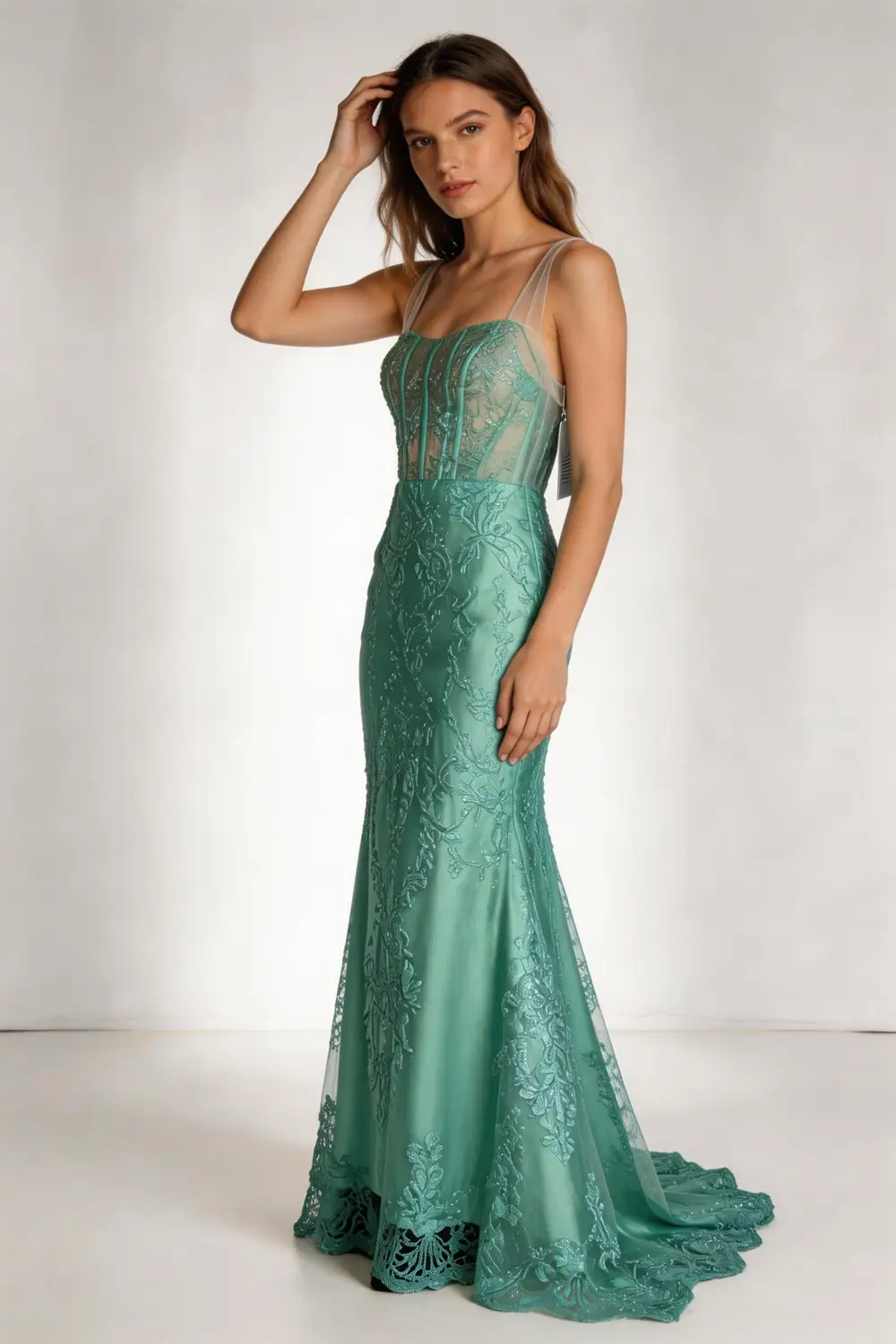 Mint Green Lace Applique Mermaid Evening Gown With Sheer Corset Bodice (ZD17139)