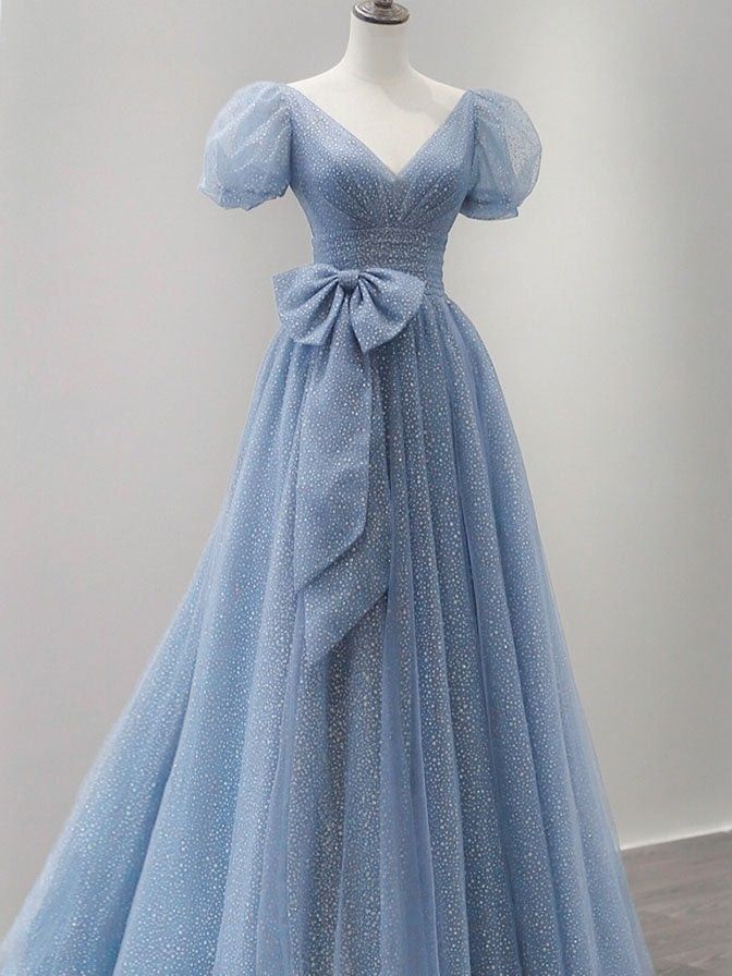 Blue Tulle V-Neck Tulle Long Prom Dress, Blue Sweet 16 Dress - FashionDia