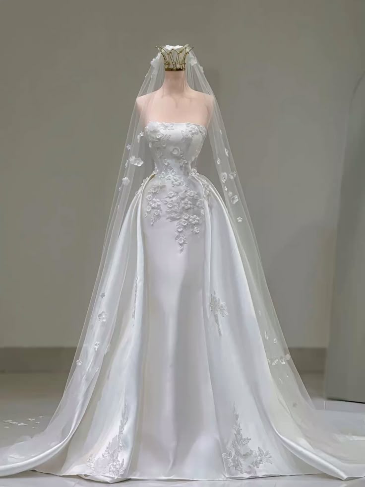 A-Line White Long Satin 3D Floral Wedding Dress - FashionDia