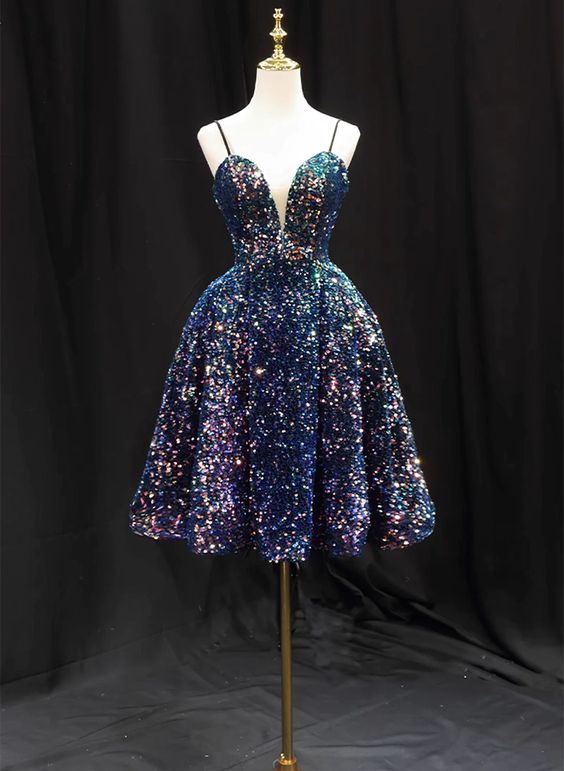 Sequins V-Neckline Short Straps Homecoming Dress, Short Sequins Prom Dress - FashionDia