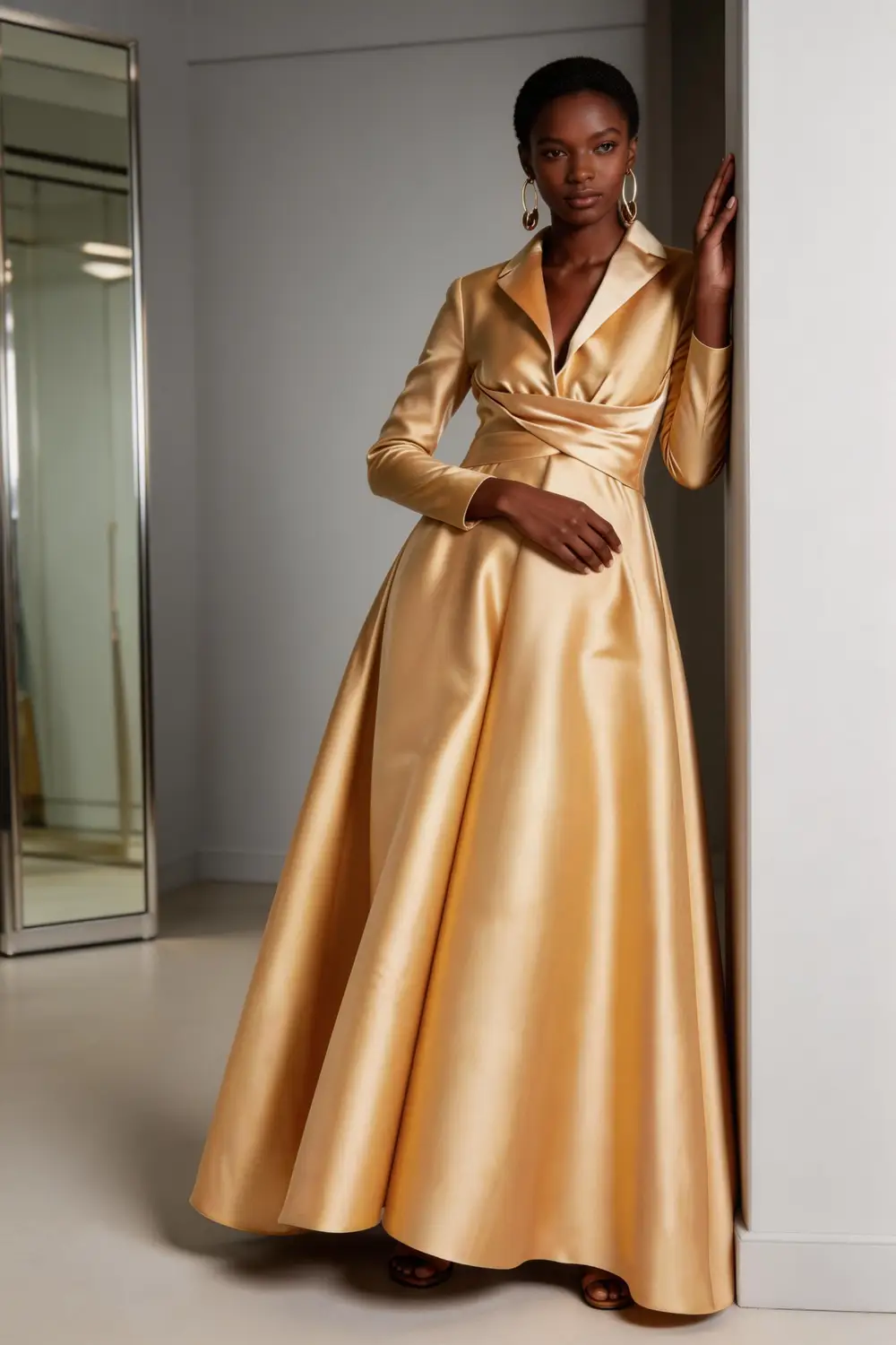 Champagne Satin Lapel Neck Wrap Waist A Line Maxi Formal Evening Gown (ZD17150)