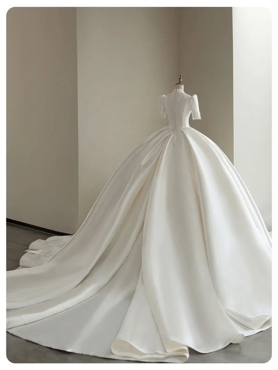 A Line White Deep V Neck Short Sleeves Satin Long Princess Wedding Dress    fg8172