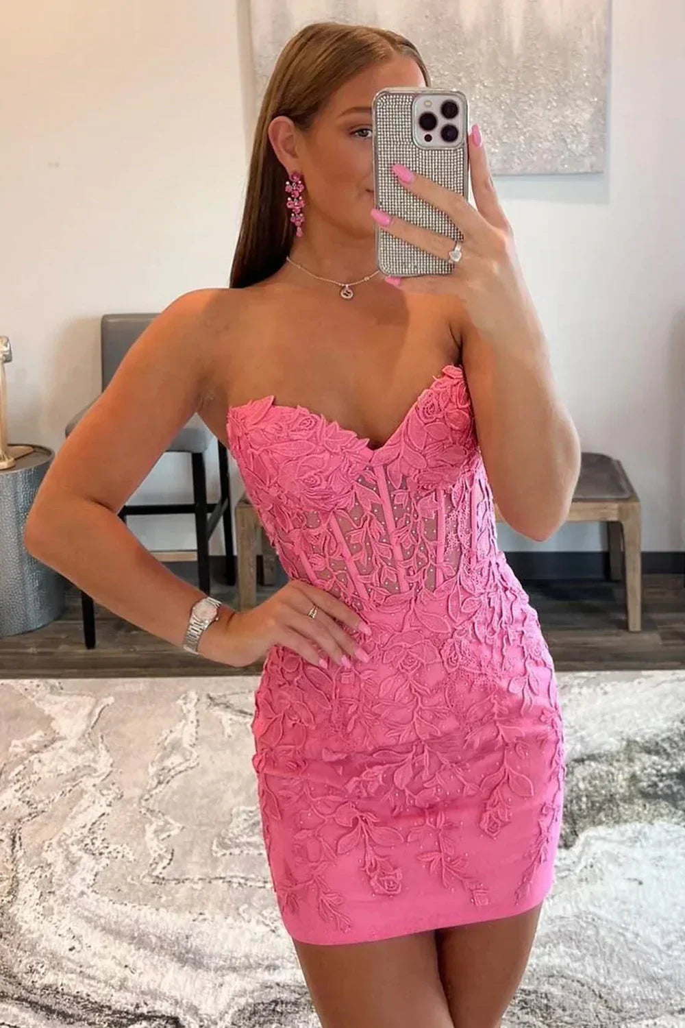 Bodycon Sweetheart Hot Pink Short Homecoming Dress with Appliques - FashionDia