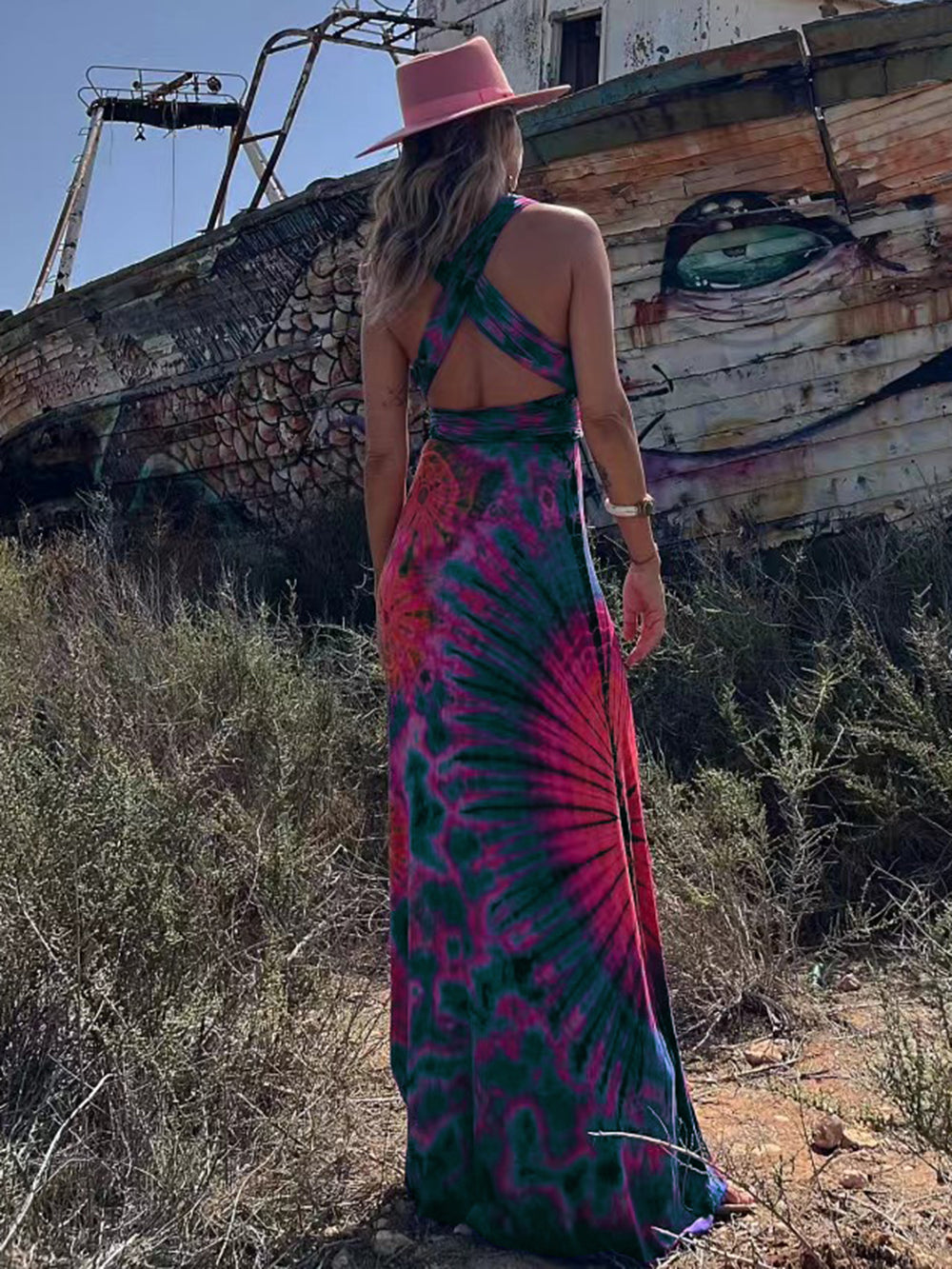Tie dye Print V neck Cross Back Straps Stretch Maxi Dress