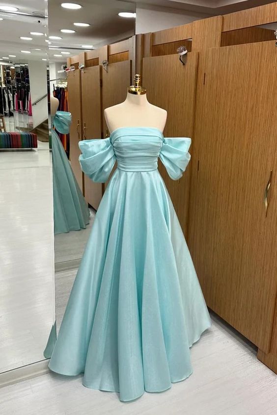 A-Line Off-the-Shoulder Satin Blue Long Prom Dresses, Off-the-Shoulder Blue Satin Long Formal Evening Dresses - FashionDia