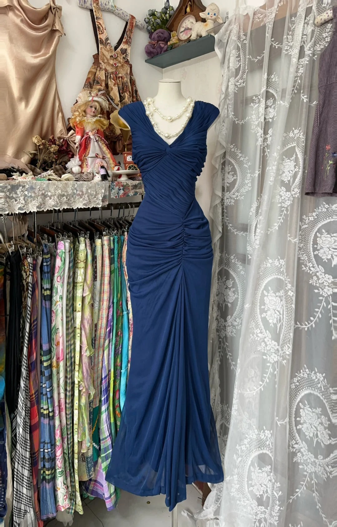 Navy Blue Mermaid Pleats Vintage Prom Dress Long Evening Dress - FashionDia
