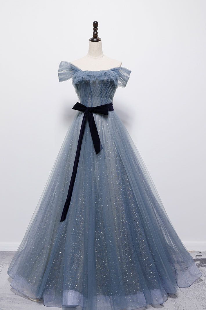 Blue off the shoulder tulle long prom dress , sparkling formal dress