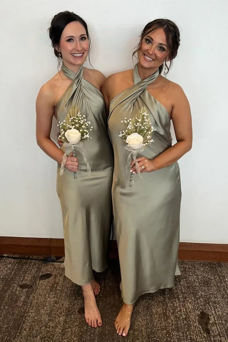 Sage Green Halter Sheath Ankle Length Bridesmaid Dress