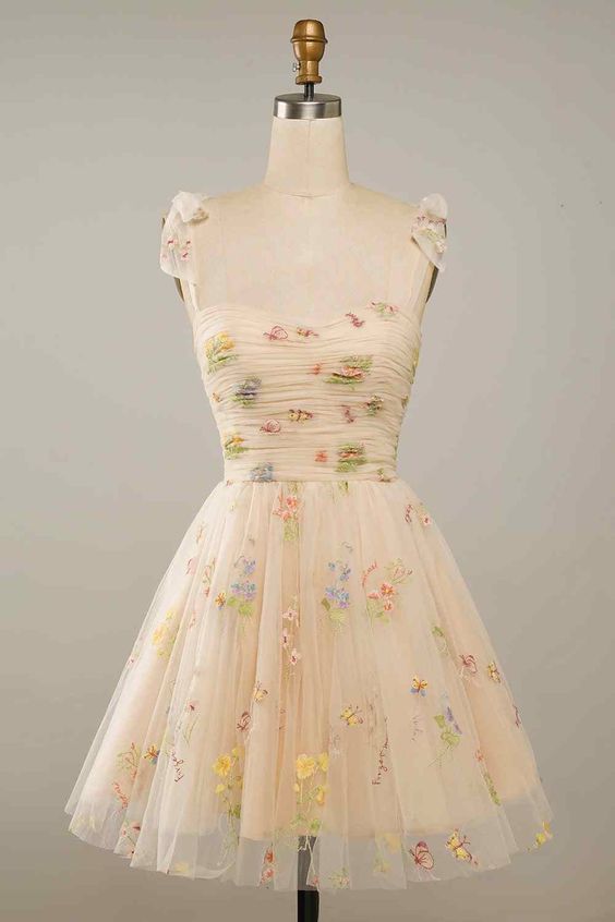 Champagne A-line Bow Tie Straps Pleated Applique Mini Homecoming Dress - FashionDia